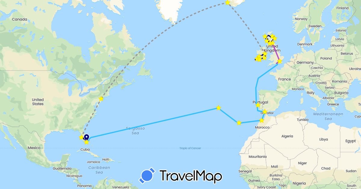TravelMap itinerary: driving, plane, train, boat in Spain, United Kingdom, Ireland, Iceland, Morocco, Portugal, United States (Africa, Europe, North America)