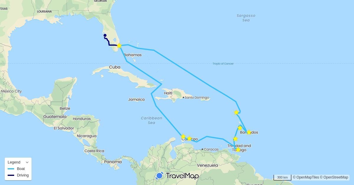 TravelMap itinerary: driving, boat in Barbados, France, Grenada, Saint Lucia, Netherlands, Trinidad and Tobago, United States (Europe, North America)